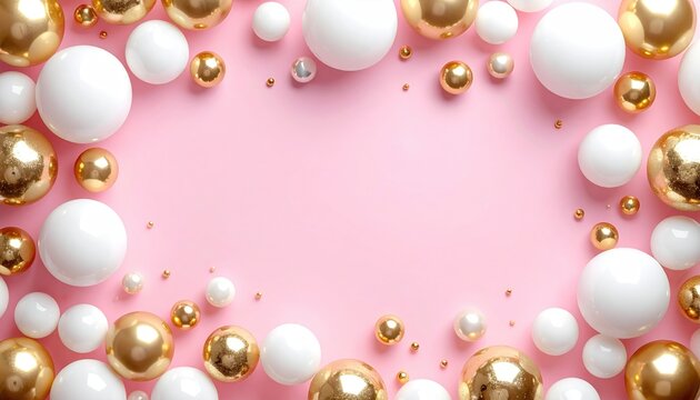Gleaming spheres white and gold balls arranged on a pastel pink background, creating a frame with a central blank space