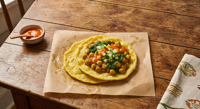 Traditional Trinidadian Doubles Street Food with Channa, Cucumber Chow, and Chutneys on Greaseproof Paper