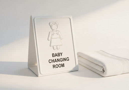 Minimalist White Baby Changing Room Sign next to a Folded Towel