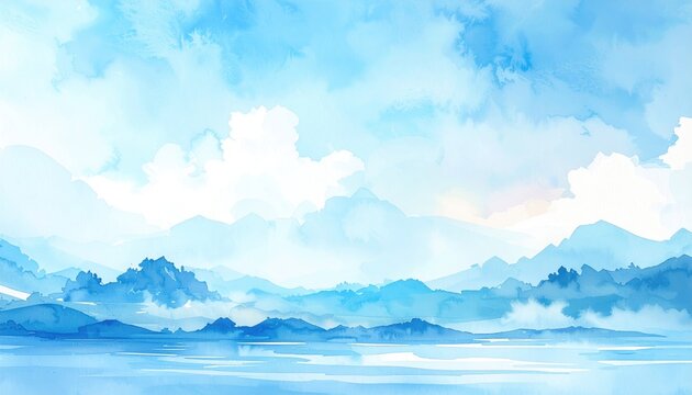 Serene, abstract landscape with blue hues, mountains receding into the distance under a bright, cloudy sky