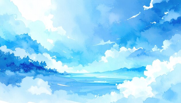 Scenic watercolor landscape featuring a blue sky, fluffy clouds, water, distant land, and gentle light
