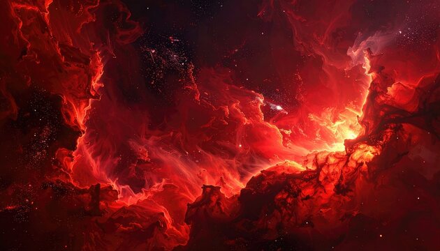 Fiery cosmic cloudscape with a lone spaceship navigating through a nebula, creating a dynamic, intense space scene