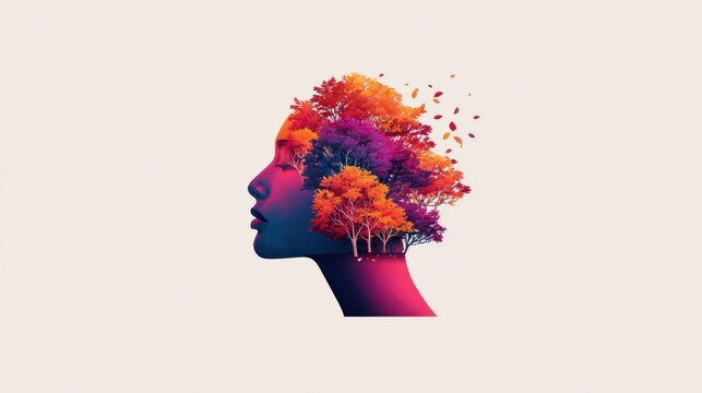 Abstract profile of a woman's head filled with colorful trees and falling leaves