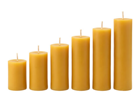 Multiple natural yellow beeswax candles arranged in ascending height order set on transparent background