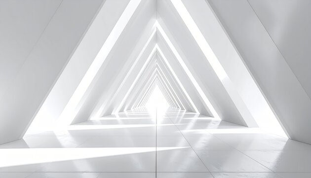 Illuminating triangle corridor made of white panels, perspective shot, bright and clean design