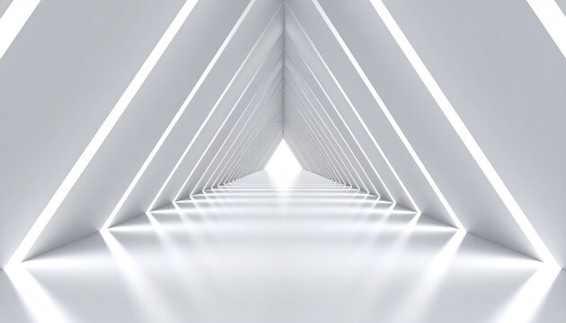 A long, luminous white triangular tunnel with light at the end, reflecting on the glossy floor, conveying a sense of depth