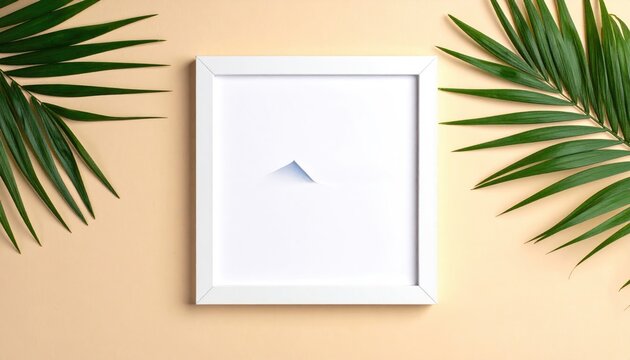White frame on peach backdrop with green fronds framing the edges, with a simple blue triangle inside