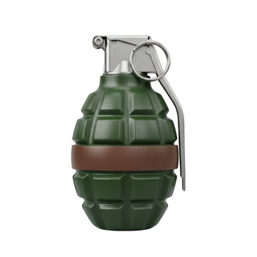 Military hand grenade isolated on transparent background realistic green weapon with metal ring pin security lever equipment.