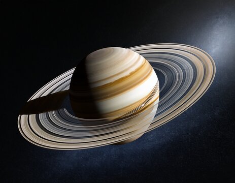a high angle view of the gas giant planet saturn showing its distinct atmospheric bands and extensive ring system casting a shadow on the planet s surface against a dark space background