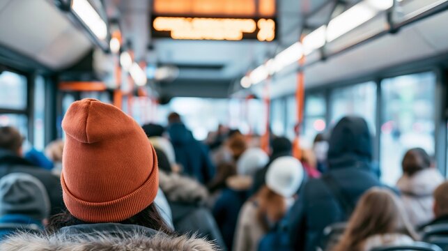 Commuting on a crowded city bus during winter, passengers traveling in urban public transport with a glowing display