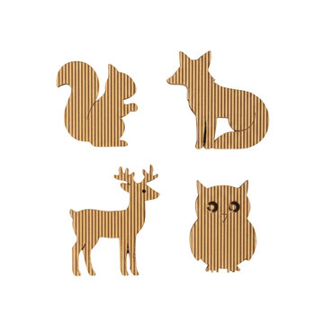 Set of cute wooden animal shapes including squirrel fox deer and owl in rustic style