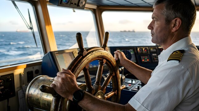 a ship captain holding the helm