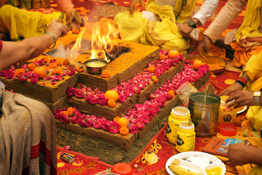 Havan kund fire altar. Hindu fire ritual Agni Homam, Yajna,  Pooja.