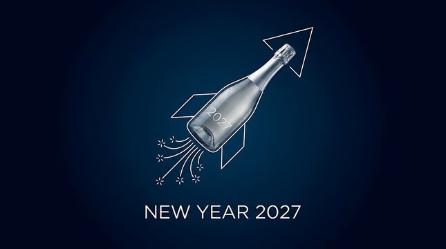 Champagne bottle rocket for New Year. Festive celebration concept with digital art style.