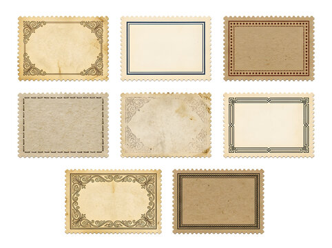 Vintage postage stamp frames with intricate decorative borders and textured paper styles on transparent background