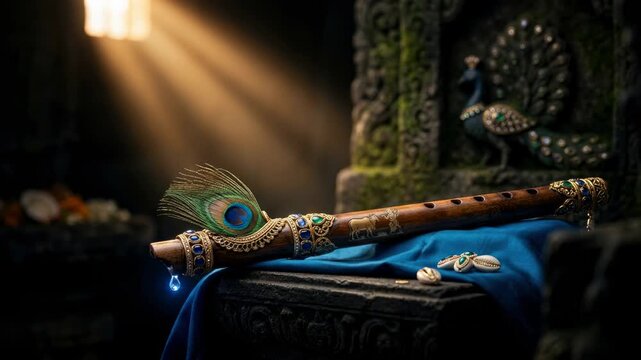 Divine bansuri symbol: peacock feather, holy instrument, mystic beam, ancient stone, blue silk, gold ornament, Krishna devotion, Govinda grace, Gopala worship, bovine carving.