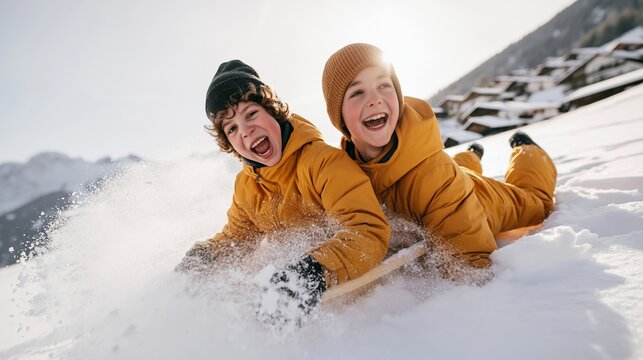 Happy children sledding down snowy mountain hill, laughing with snow flying on bright winter day