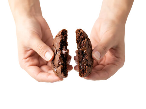 Hands breaking a chocolate cookie. Freshly baked biscuit halves isolated on transparent background