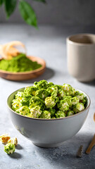Obraz premium Green popcorn treat in ceramic bowl, moody food photography