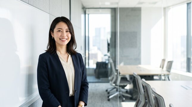 プロフィール写真をイメージした、モダンな企業の会議室にて、ホワイトボードの隣に立ち穏やかな笑顔をカメラに向けている20代日本人女性社員のバストアップポートレート