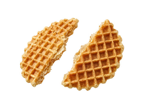 Broken waffle biscuits isolated on transparent background. Crispy wafer cookies for dessert design.