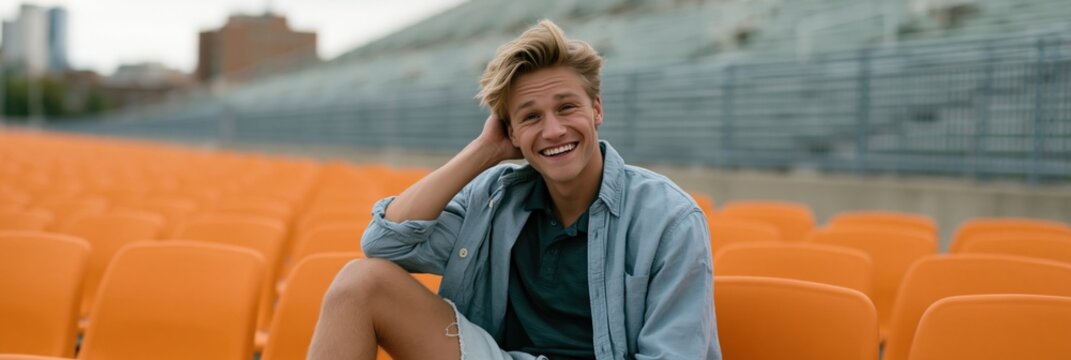 Laughing young man in orange stadium seats on campus bleachers for lifestyle banner and sports background imagery