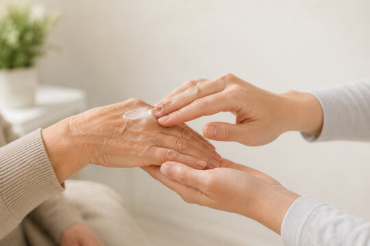 Aging care for elder population with gentle hand support and cream