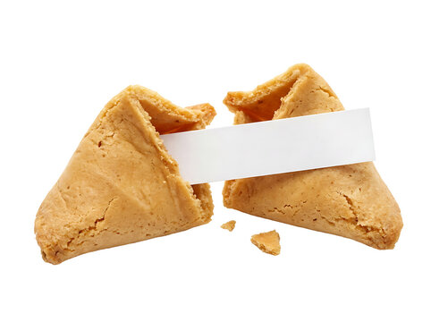 Broken fortune cookie with blank paper. Traditional Chinese dessert with empty message.
