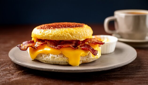 delectable fried egg bacon and cheese sandwich on golden toasted english muffin alongside fresh brewed coffee