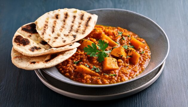 red lentil and sweet potato curry served with grilled flatbread