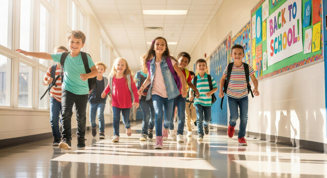 Diverse group of young elementary students running excitedly down a bright sunlit school hallway while wearing colorful backpacks on the first day of classes together