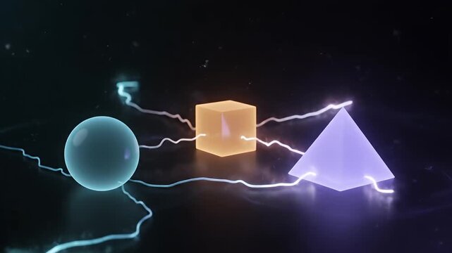Glowing 3D geometric sphere cube and pyramid shapes