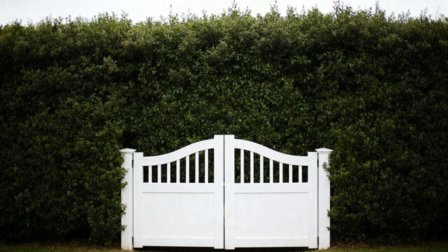 White garden gate in front of a tall, dense privet hedge.