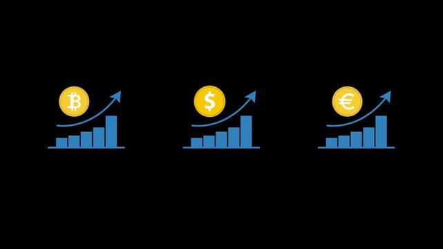 Currency growth chart icons set. Bitcoin, US dollar, and euro, multi-currency investment growth, and financial market success. 2D animation with 4K resolution and alpha channel.