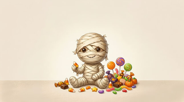 Cute mummy on halloween day holding candy isolated high quality background image