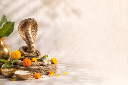 Traditional Nag Panchami Hindu festival celebrating Lord Shiva, Vasuki serpent, Shiva Lingam, sacred worship rituals, Indian spirituality, premium religious banner with generous copy space