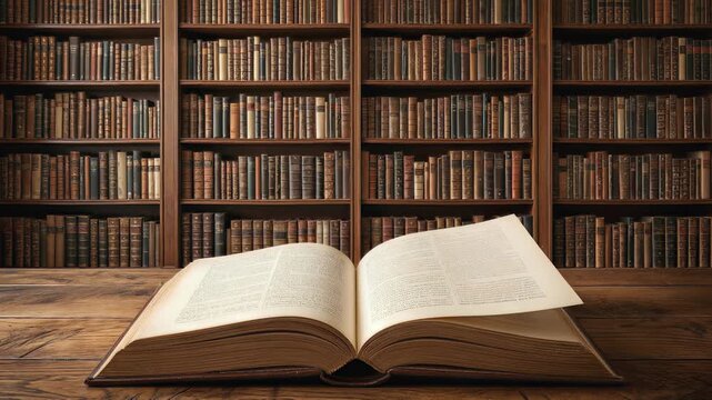 Large open book on wooden table in classic library. Pages flipping automatically in front of tall bookshelves. Lockdown shot.