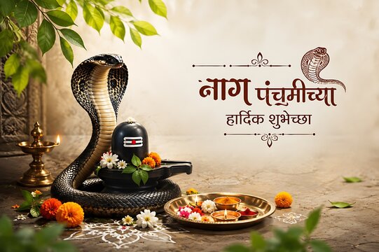 Nag Panchami festival celebration featuring Lord Shiva with sacred cobra around his neck, Hindu devotion, spiritual tradition, temple worship, Indian religious culture, divine blessings background