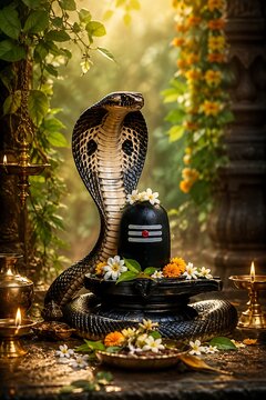 Sacred Nag Panchami festival background with Lord Shiva, Shiva Lingam, divine cobra symbolism, Hindu religious traditions, spiritual blessings, elegant copy space composition