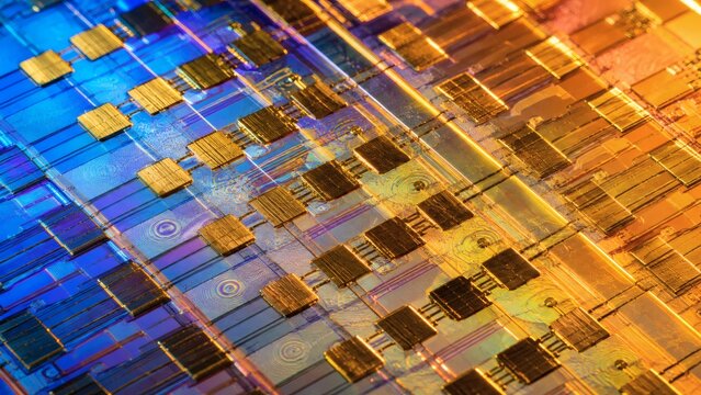 Abstract semiconductor microchip architecture with golden electronic components and blue circuitry