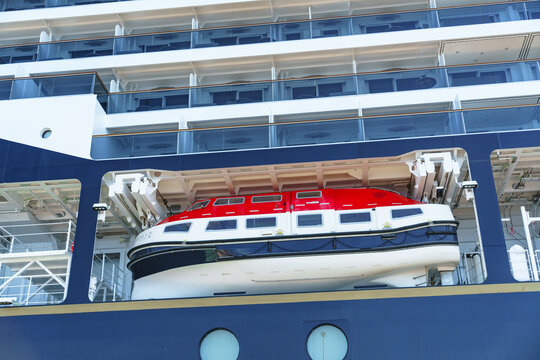 Rijeka, Croatia - June 7, 2026: Modern enclosed lifeboat mounted on the side of the luxury cruise ship Explora II. Safety equipment on a contemporary passenger vessel