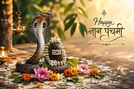 Traditional Nag Panchami Hindu festival celebrating Lord Shiva, Vasuki serpent, Shiva Lingam, sacred worship rituals, Indian spirituality, premium religious banner with generous copy space