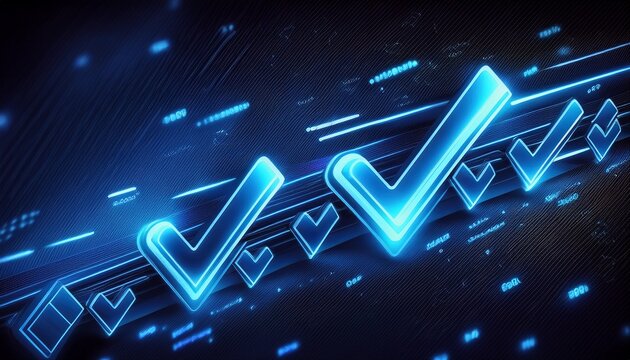 futuristic abstract background featuring multiple glowing blue neon check marks arranged in diagonal row signifying successful verification process task completion and positive status