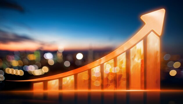 glowing orange arrow graph bar chart rising up displaying success and growth against blurry city lights background at dusk