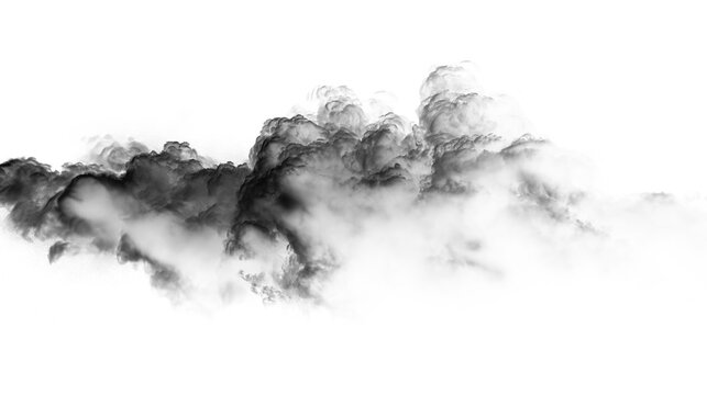 Dark smoke rises in a cloud formation against a transparent background with no color
