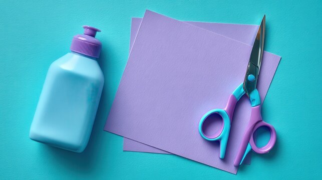 Minimal pastel school supplies flat lay, purple paper sheets and scissors, blue glue bottle on turquoise background