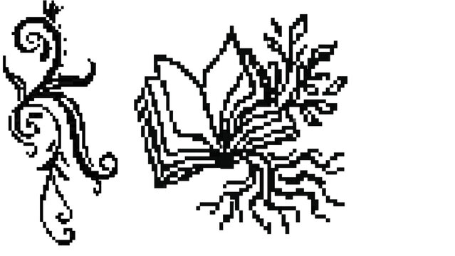 Pixel art open book growing plant roots with floral swirl ornament vector illustration
