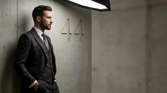 Side profile of a handsome man in a charcoal three-piece suit standing against a grey concrete wall with the number 44 engraved and professional studio lighting visible above.