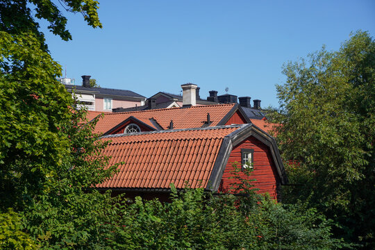 Old red wooden house among trees