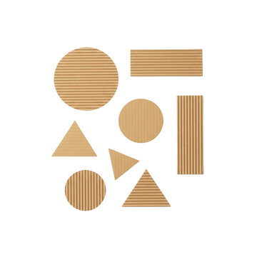 Set of various geometric shapes made of corrugated cardboard texture